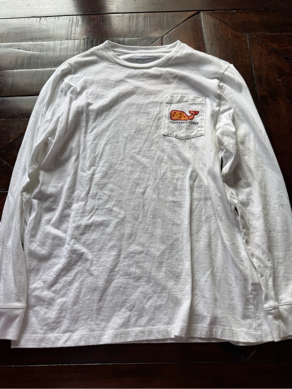 Vineyard Vines White Long-Sleeve Pocket Tee with Orange Whale Logo
